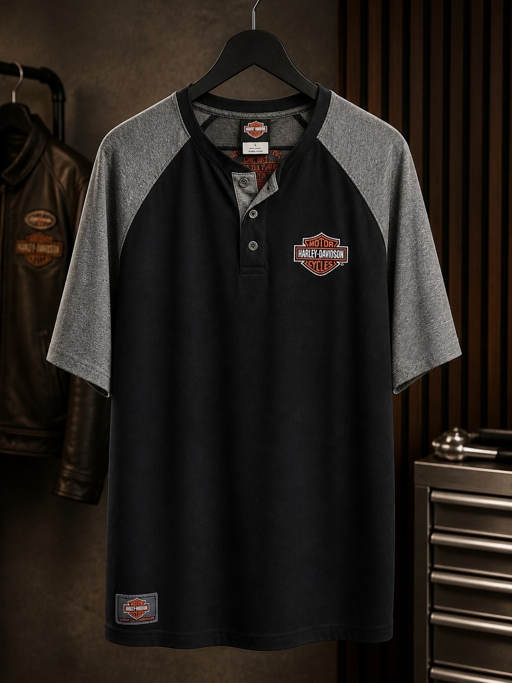 Harley-Davidson Black and Gray Raglan Henley Tee
